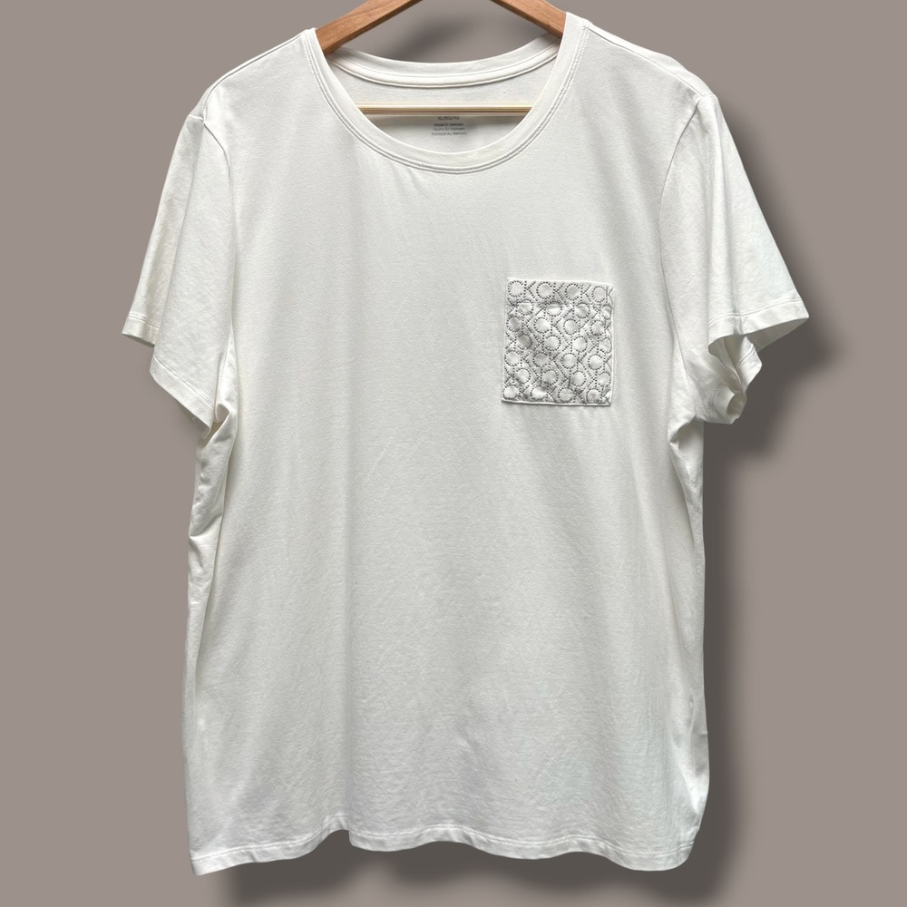 Calvin Klein Womens Off-White Rhinestone CK Monogram Pocket T-Shirt XL